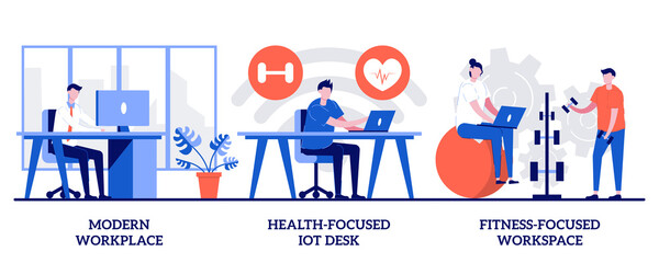 Fototapeta na wymiar Modern workplace, health-focused IOT desks, fitness-focused lifestyle concept with tiny people. Modern office vector illustration set. Employee happiness and well-being, activity tracking metaphor