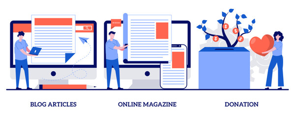 Blog articles, online magazine, donation concept with tiny people. Website tabs abstract vector illustration set. Crowdfunding, latest news, web page design, company online landing page metaphor