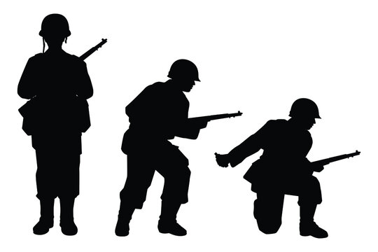 Set of US soldier with a rifle weapon during world war 2 silhouette vector on white background
