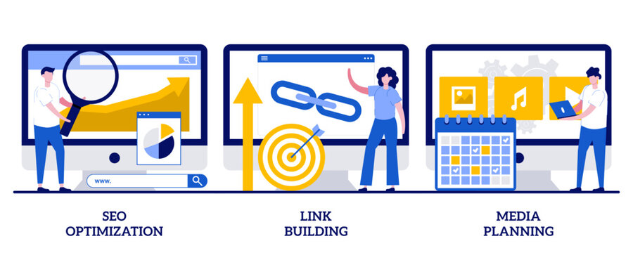 Seo optimization, link building, media planning concept with tiny people. Internet business development abstract vector illustration set. Networking strategy, task management metaphor