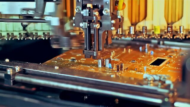 Automated Machine Installing Electronic Components onto Printed Circuit Board. Closeup. 4K Resolution.