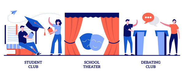 Student club, school theater, debating competition concept with tiny people. After-school activity vector illustration set. Public speaking, drama class, college campus event, communication metaphor - obrazy, fototapety, plakaty