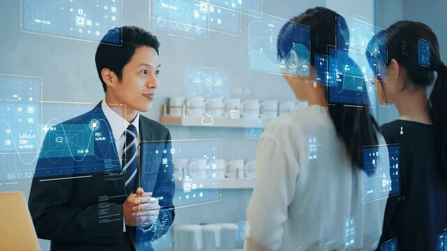 接客するビジネスマンと技術イメージ