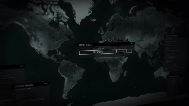 International Crime Investigation Process. Opening A Computer Location Tracking Program. Searching For An Object With A Secret Code Name. Scanning The World Map. Checking Kabul In The Near East. UI.