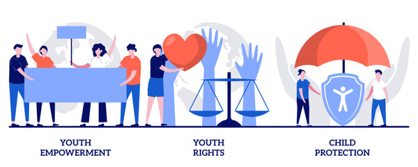Youth empowerment and rights, child protection concept with tiny people. Young people rights protection vector illustration set. Take action, improve life quality, involvement, voting age metaphor