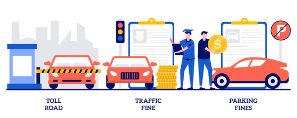 Fototapeta premium Toll road, traffic and parking fine concept with tiny people. Driving rules violation vector illustration set. Tollway fee, speeding ticket, no parking zone, penalty notice, pass card metaphor