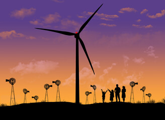 Fototapeta na wymiar This 3-d illustration compares the size of vintage water pumping agricultural windmills with the huge size of todayâ€™s wind turbines for generating electricity.