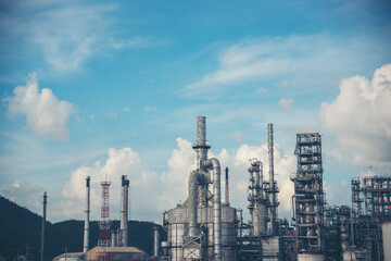 Oil refinery gas petrol plant industry with crude tank, gasoline supply and chemical factory. Petroleum barrel fuel heavy industry oil refinery manufacturing factory plant. Refinery industry concept