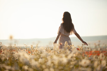 Beautiful girl in summer dress walks in a flower field - Powered by Adobe