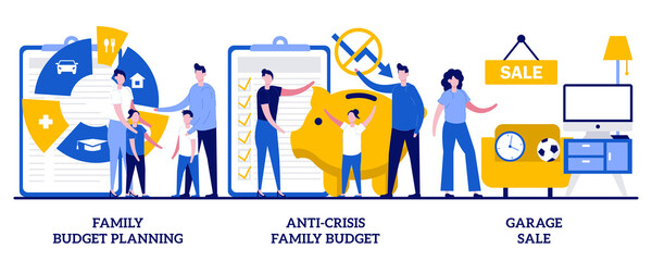 Family budget planning, anti-crisis family budget, garage sale concept with tiny people. Economic decision vector illustration set. Family income, budget saving, flea market, second hand metaphor