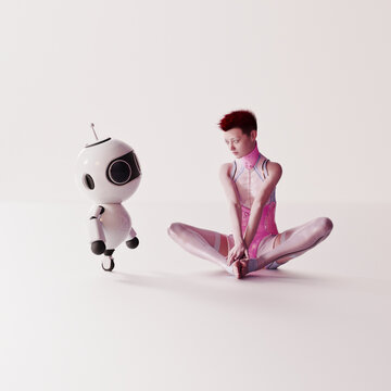 Futuristic woman sitting with cute little robot