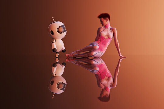Futuristic woman sitting with cute robot
