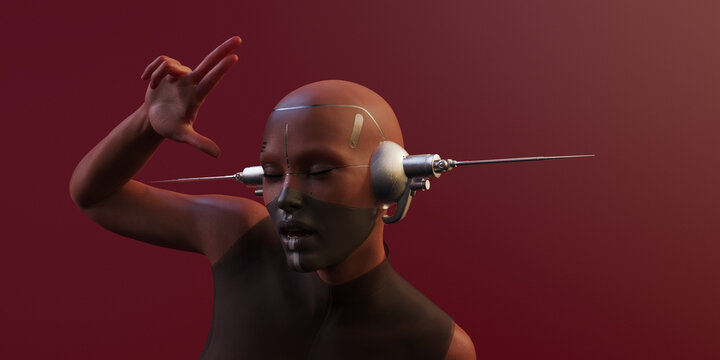 Futuristic woman with facial tattoos and headphones listening, eyes closed, hand raised in air