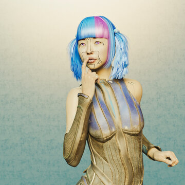 Futuristic young woman with facial interactive tattoos raises questioning finger to lips 