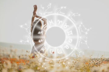Beautiful girl in summer dress walks in a flower field and illustration horoscope