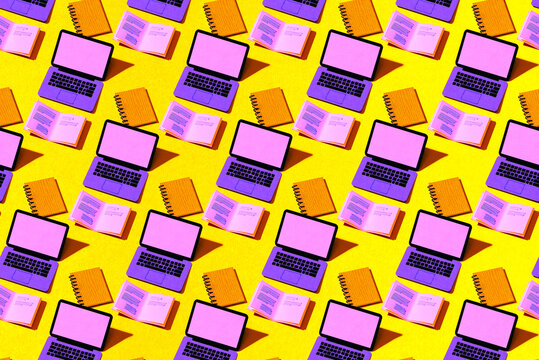Laptops and books seamless pattern background.