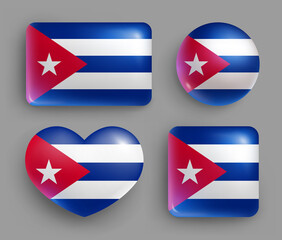 Set of glossy buttons with Cuba country flag. Latin America country national flag, shiny geometric shape badges. Cuba symbols in patriotic colors realistic vector illustration