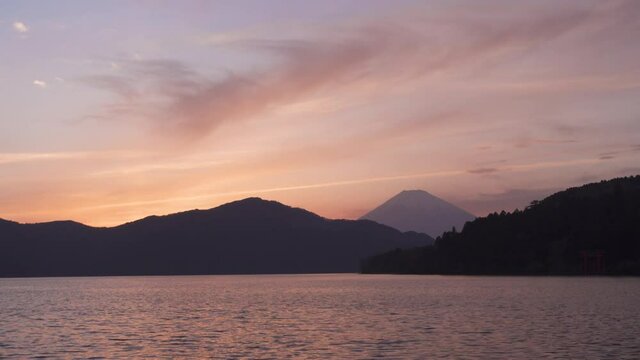 Stunning view of Mount Fuji from lake Ashi at sunset, Hakone, Japan