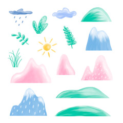 border seamless pattern childrens illustration with balloons, mountain landscape, trees, forest, houses in the mountains, clouds, watercolor illustration pastel gentle colors
