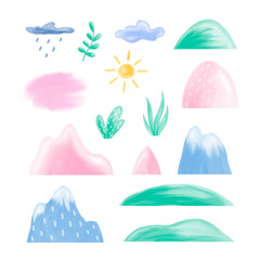 Watercolor childrens illustration with landscape, plants  in the mountains, clouds, sun, rain. Pastel gentle colors. Set of elements design for decoration nursery room, invitation, postcard,  summer