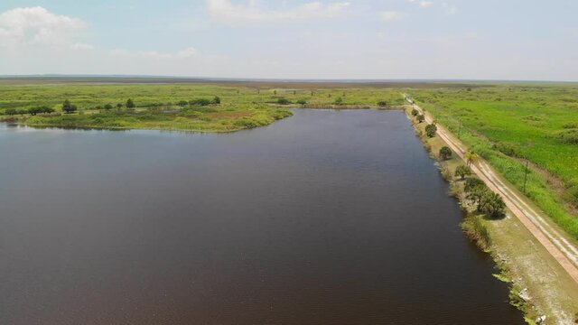 Aerial view of Pond and a country road near lake Okeechobee