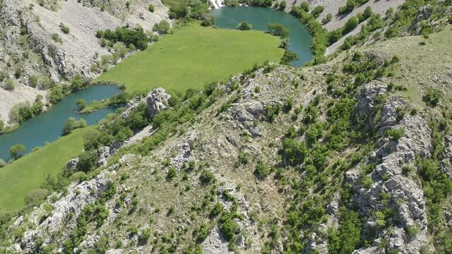 Zrmanja River With Rocky Canyon On A Sunny Day In Croatia. - aerial ascend