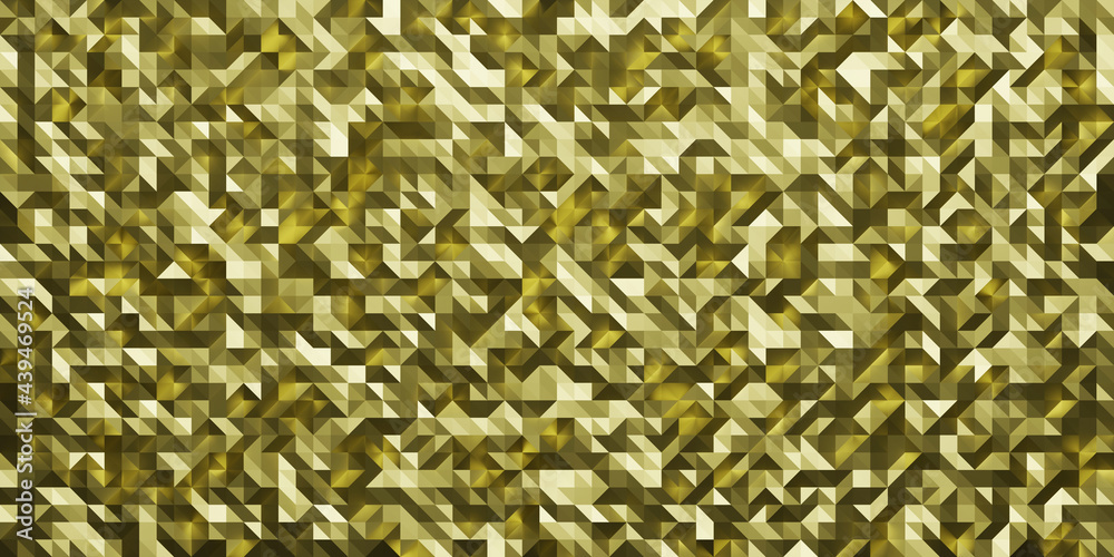 Poster Modern crystal design texture in gold color. Abstract geometric pattern background with small size triangles. Low poly random tiles. 3D Rendering.