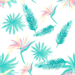Fototapeta na wymiar Cobalt Pattern Foliage. Blue Seamless Nature. Navy Tropical Textile. White Flower Plant. Azure Floral Botanical. Wallpaper Painting. Decoration Foliage.