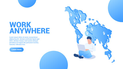 Work anywhere. Concept of distance job, freelance, work from home. Man with laptop on the background of the world map. Vector illustration in isometric style. Isolated on white background.
