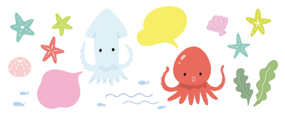 海のイラスト素材セット　タコ　イカ