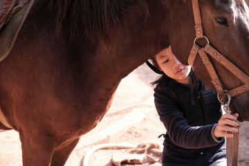 Asian little girl at the horse farm