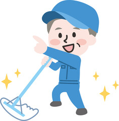 決めポーズをするシニア男性清掃員