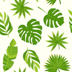 Seamless pattern from tropical leaves on a light background. Exotic jungle leaves, banana, monstera, palm leaves, hovea, livistona. Vector illustration. 