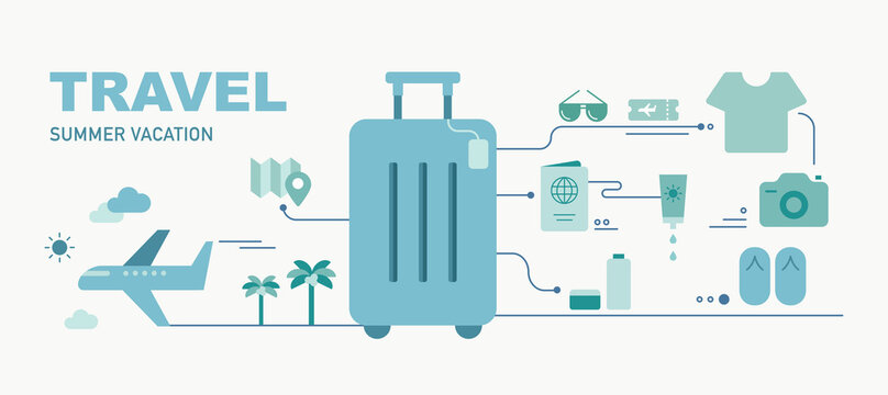 Vacation Travel Icon Illustration. Wide Horizontal Banner Infographic Concept Poster.