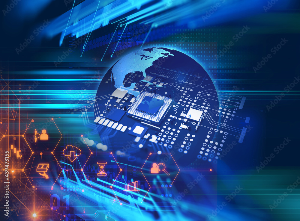 Aufkleber 3d rendering  of futuristic blue circuit board and cpu