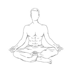 Meditating man in siddhasana. Yoga meditation for body relax and spirit harmony. Vector illustration isolated on white background