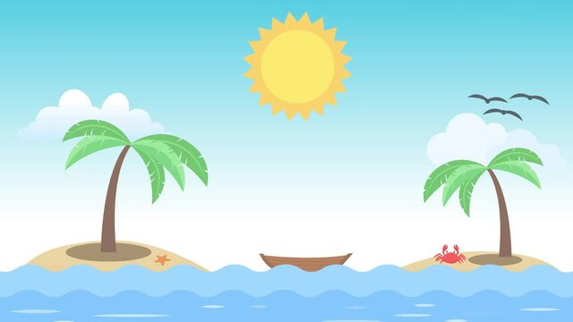 ANIMATION - Summer with two desert islands, a boat, sun, a crab, ocean, clouds