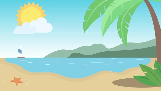 ANIMATION - Summer with a desert island palm tree, boat, sun, ocean, and clouds
