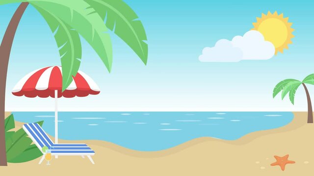 ANIMATION - Summer on the beach with a palm tree, chair, umbrella, sun, ocean