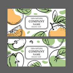 ORANGE GREEN APPLE LABELS Design Of Stickers For Shop Of Tropical Organic Natural Fresh Juicy Fruits And Dessert Drinks In Sketch Style Vector Illustration Set
