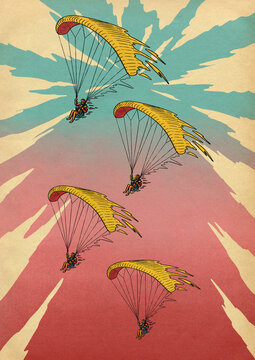Paragliders Formation Flying In Sky With Clouds 