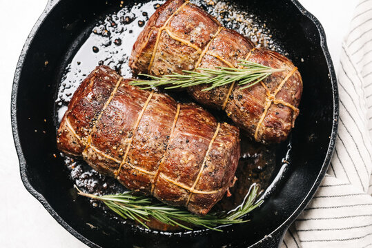 Beef tenderloin pan-fried in an iron skillet