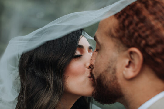 Beautiful Bride and Groom Kissing under Veil