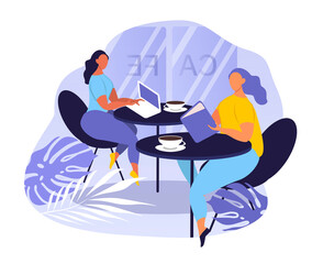 vector hand drawn illustration - two girls are sitting at tables in a cafe and drinking coffee . trend illustration in flat style