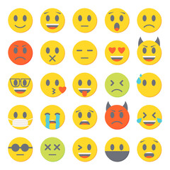 Emoticons vector icons set. Flat emoji collection. Yellow funny emotion icons happy, laughing and crying isolated on white background.