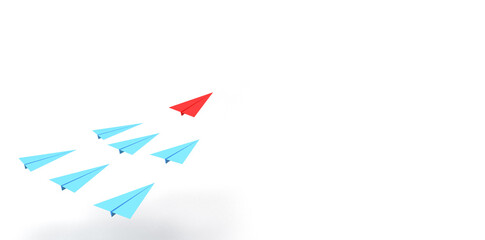 Fototapeta premium 3d render red paper plane leading leader blue follower.leadership human resources concept.Direction success of teamwork.trust and obey.Mission, trust to leader ceo company.Motivation, Management.