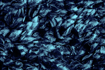 Dark blue toned leaves background. artificial foliage texture