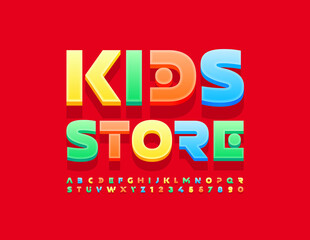 Vector bright logo Kids Store with creative colorful Font. 3D modern Alphabet Letters and Numbers set