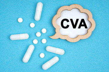 On a blue background, pills and a plate, inside which the inscription - CVA