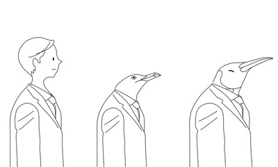 Illustration of a man, a seagull and an emperor penguin in a suit (white background, vector, cut out)